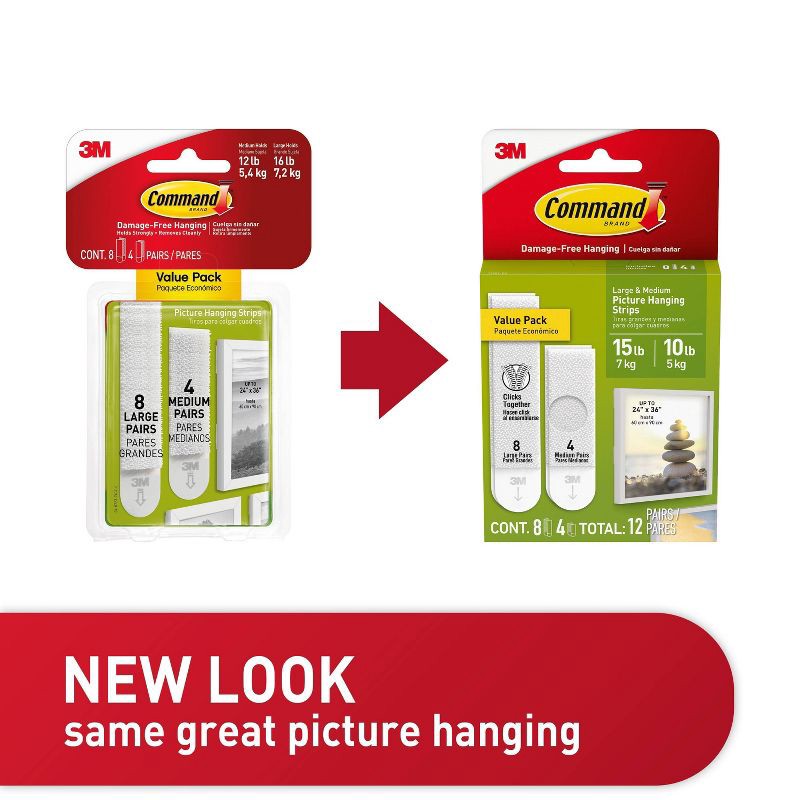slide 5 of 12, Command 4 Sets of Medium/8 Sets of Large And Medium Sized Picture Hanging Strips White: Wall Sticky Frame Mounting Kit, 1 ct