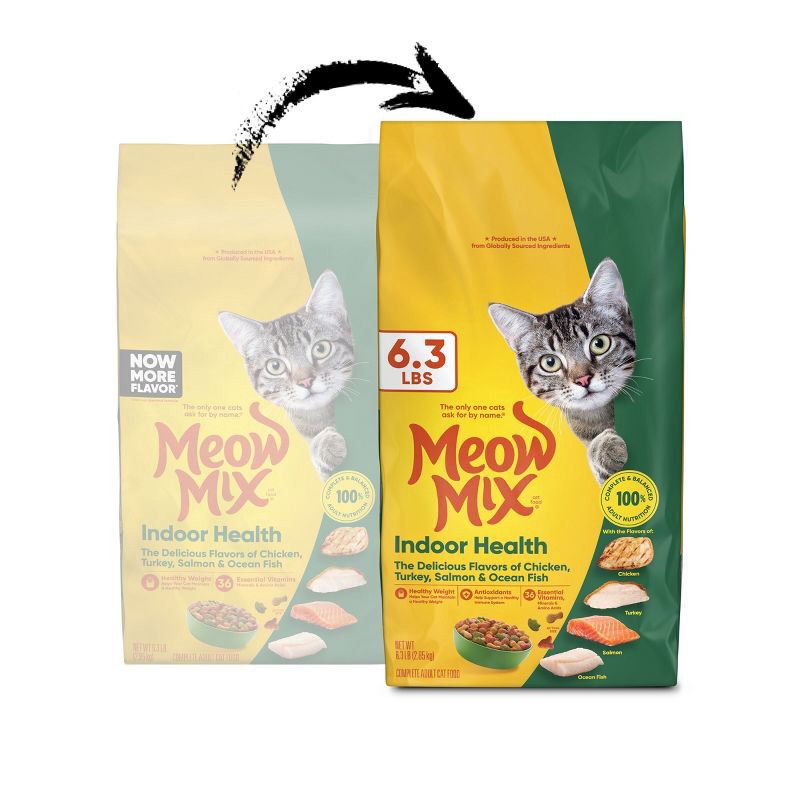 slide 2 of 8, Meow Mix Indoor Health with Flavors of Chicken, Turkey ,Ocean Fish & Salmon Adult Complete & Balanced Dry Cat Food - 6.3lbs, 6.3 lb