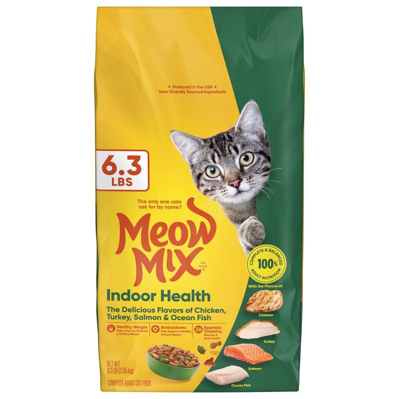 slide 8 of 8, Meow Mix Indoor Health with Flavors of Chicken, Turkey ,Ocean Fish & Salmon Adult Complete & Balanced Dry Cat Food - 6.3lbs, 6.3 lb