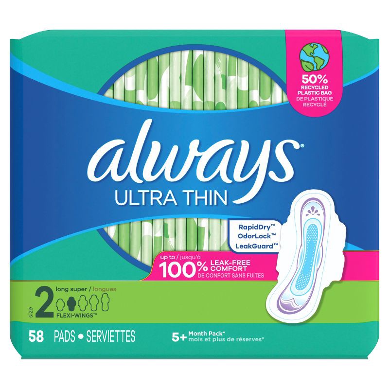 slide 2 of 9, Always Long Absorbency Unscented Ultra Thin Pads with Wings - Size 2 - 58ct, 58 ct