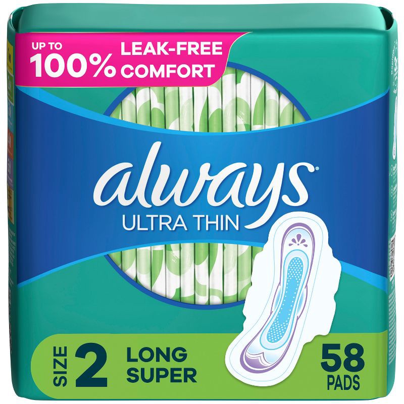 slide 1 of 9, Always Long Absorbency Unscented Ultra Thin Pads with Wings - Size 2 - 58ct, 58 ct