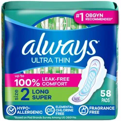 Always Long Absorbency Unscented Ultra Thin Pads with Wings - Size 2 - 58ct