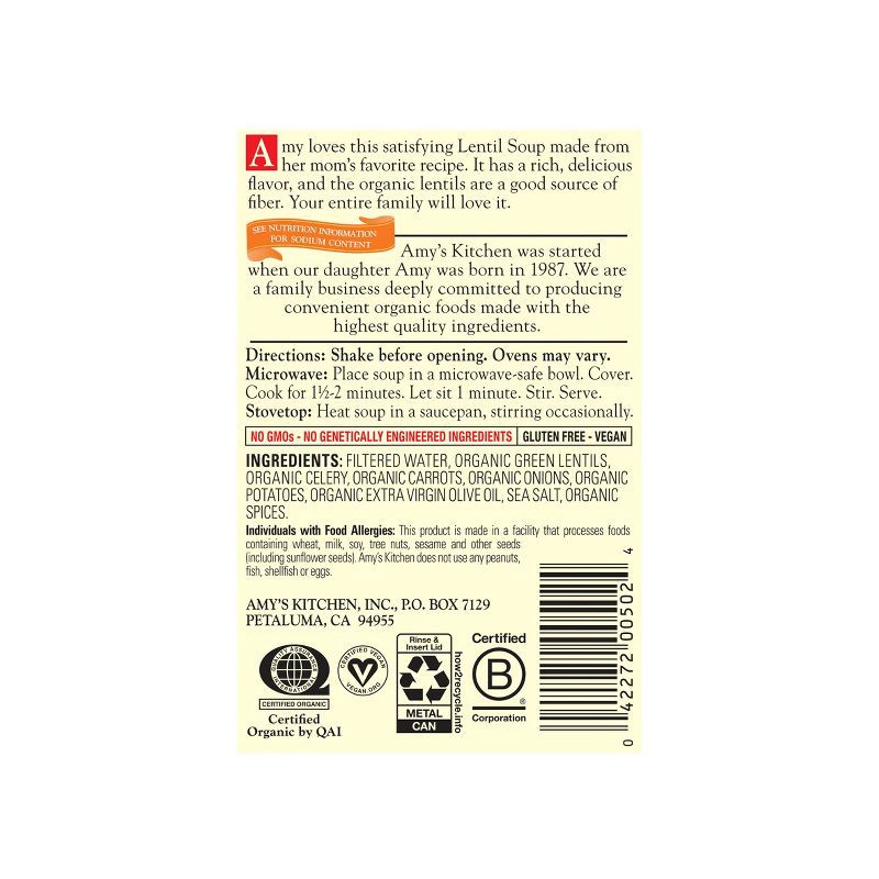 slide 4 of 11, Amy's Organic Plant Based Gluten Free Lentil Soup - 14.5oz, 14.5 oz