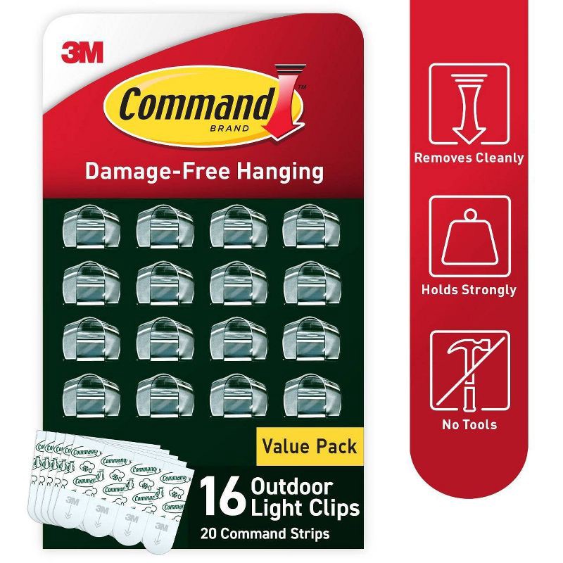 slide 2 of 13, Command 16pk Damage-Free Hanging Outdoor Light Clips with Adhesive Strips for Christmas Lights and Holiday Decoration, 16 ct