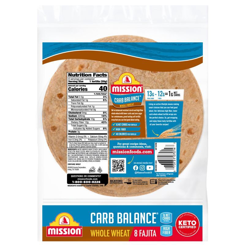 slide 2 of 4, Mission Carb Balance Fajita Size Whole Wheat Flour Tortillas - 8oz/8ct, 8 ct; 8 oz