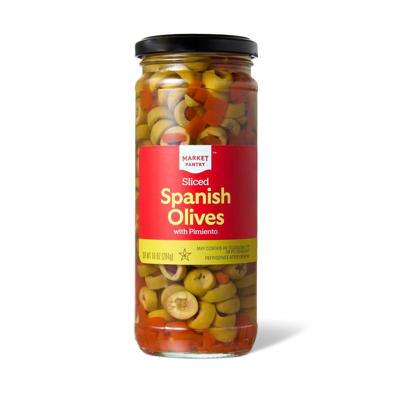 slide 1 of 3, Sliced Spanish Olives with Pimiento - 10oz - Market Pantry™, 10 oz