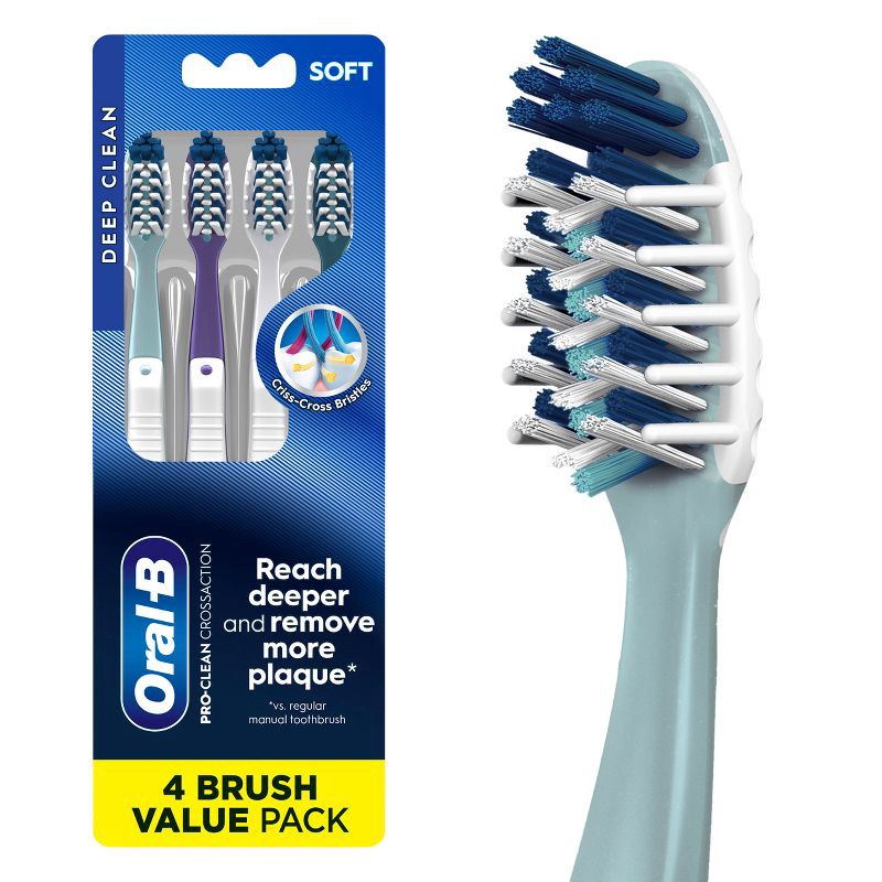 slide 1 of 9, Oral-B CrossAction All In One Toothbrushes, Deep Plaque Removal, Soft - 4ct, 4 ct