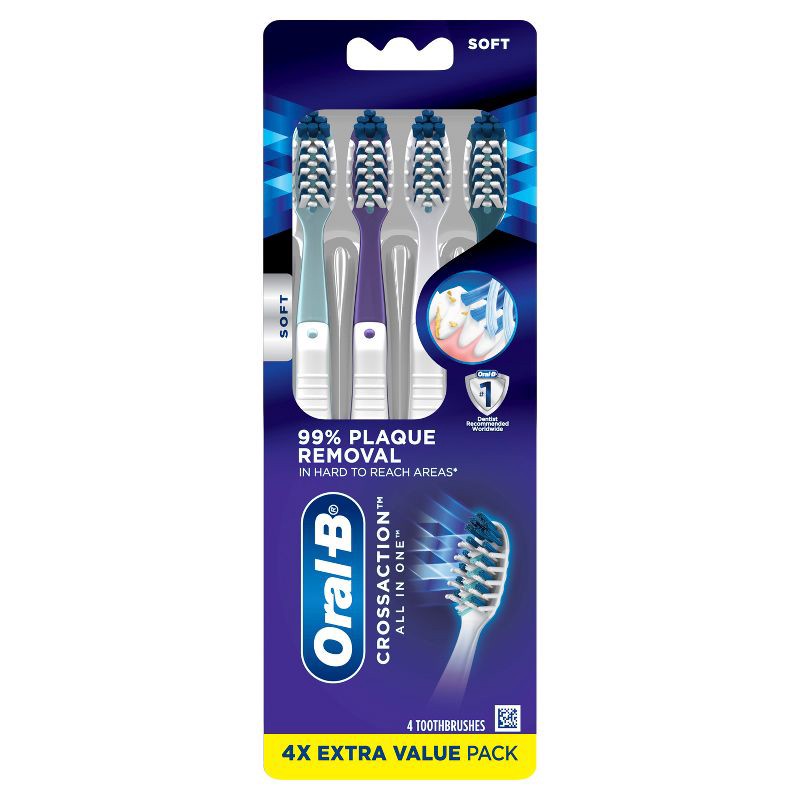 slide 1 of 11, Oral-B CrossAction All In One Toothbrushes, Deep Plaque Removal, Soft - 4ct, 4 ct