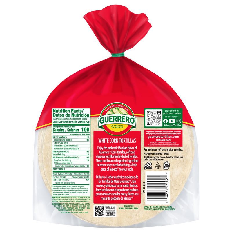 slide 2 of 5, Guerrero Gluten Free White Corn Tortillas - 25oz/30ct, 25 oz, 30 ct