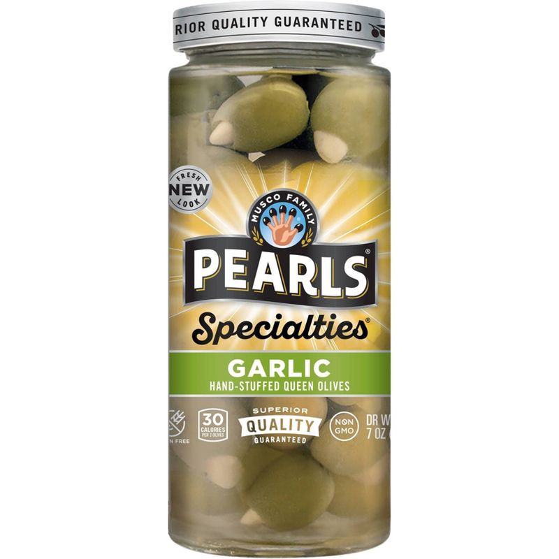 slide 1 of 3, Pearls Specialties Garlic Stuffed Queen Olives - 7oz, 7 oz