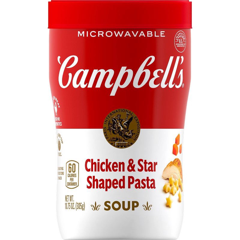 slide 10 of 13, Campbell's Chicken Soup & Stars Shaped Pasta Sipping Soup Microwavable Cup - 10.75oz, 10.75 oz