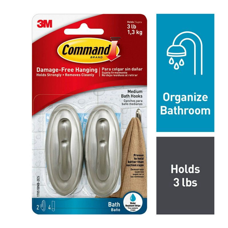 slide 3 of 13, Command 2 Hooks 4 Strips Medium Sized Traditional Hooks with Water Resistant Strips Nickel: Bathroom Towel & Curtain Rod Hooks, 1 ct