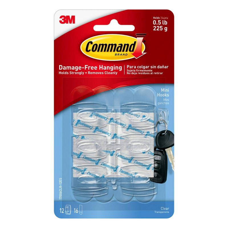 slide 2 of 13, Command Clear Mini Hooks with Clear Strips, Damage Free Hanging of Christmas Decorations, 12 Mini Hooks, 1 ct