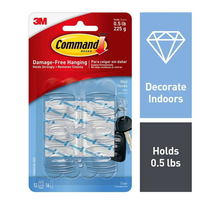 slide 1 of 13, Command Clear Mini Hooks with Clear Strips, Damage Free Hanging of Christmas Decorations, 12 Mini Hooks, 1 ct