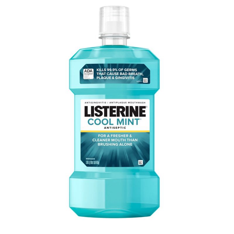 slide 1 of 12, Listerine Antiseptic Mouthwash for Bad Breath and Plaque Cool Mint - 1L, 1 liter