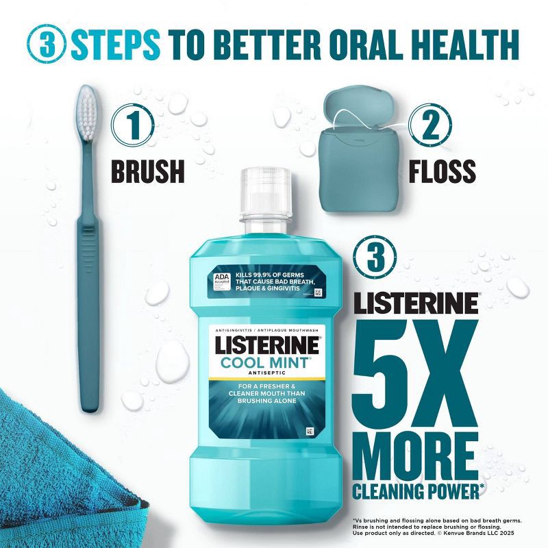 slide 4 of 12, Listerine Antiseptic Mouthwash for Bad Breath and Plaque Cool Mint - 1L, 1 liter