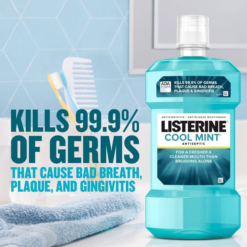 slide 6 of 12, Listerine Antiseptic Mouthwash for Bad Breath and Plaque Cool Mint - 1L, 1 liter