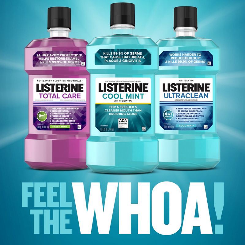 slide 8 of 9, Listerine Antiseptic Mouthwash for Bad Breath and Plaque Cool Mint - 1L, 1 liter