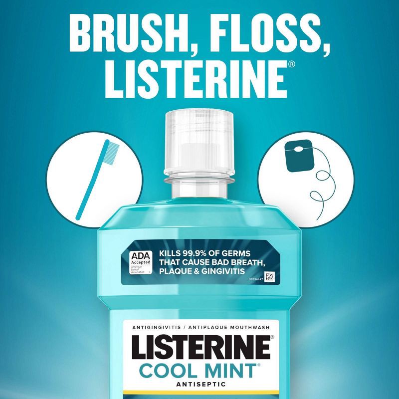 slide 10 of 12, Listerine Antiseptic Mouthwash for Bad Breath and Plaque Cool Mint - 1L, 1 liter