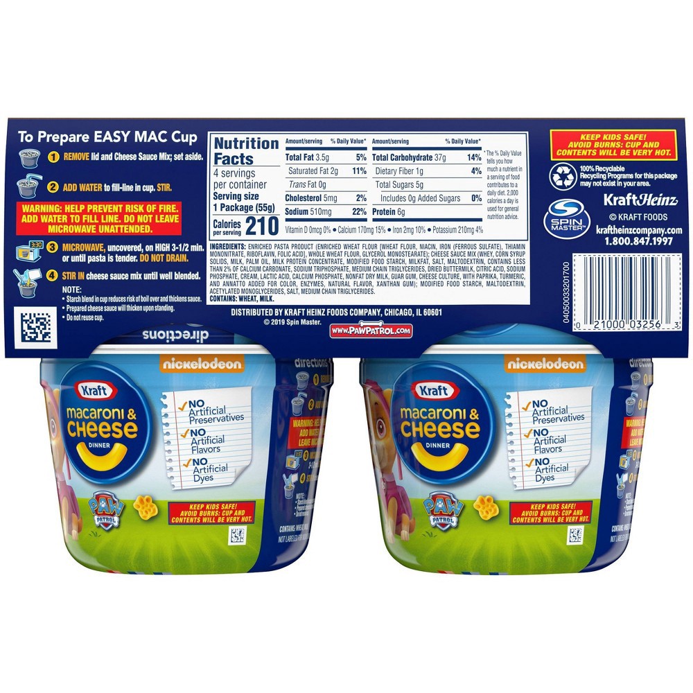 slide 7 of 11, Kraft Macaroni & Cheese Easy Microwavable Dinner with Nickelodeon Paw Patrol Pasta Shapes Pack Cups, 4 ct; 1.9 oz