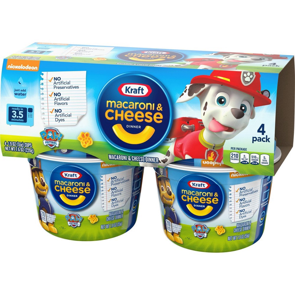 slide 3 of 11, Kraft Macaroni & Cheese Easy Microwavable Dinner with Nickelodeon Paw Patrol Pasta Shapes Pack Cups, 4 ct; 1.9 oz