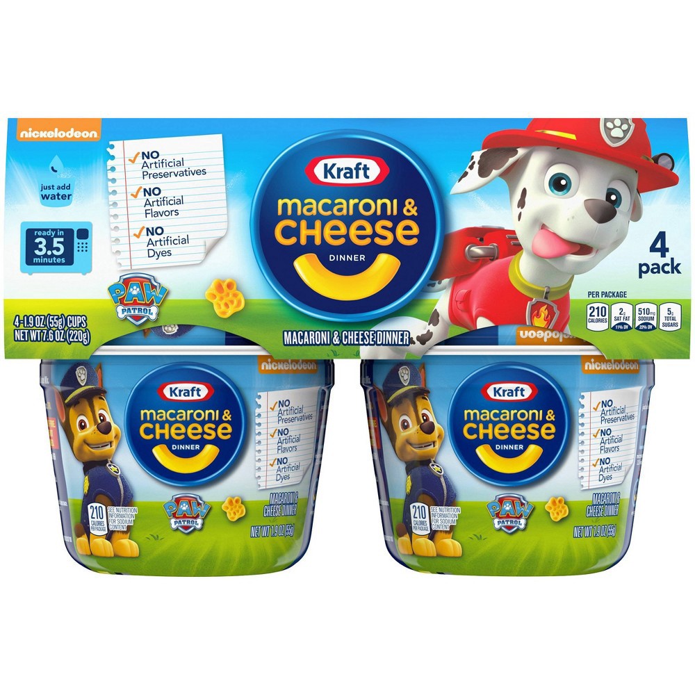 slide 4 of 11, Kraft Macaroni & Cheese Easy Microwavable Dinner with Nickelodeon Paw Patrol Pasta Shapes Pack Cups, 4 ct; 1.9 oz