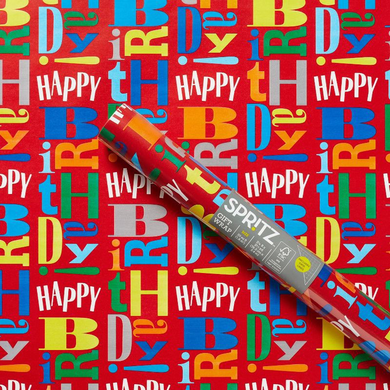 slide 1 of 3, Happy Birthday Gift Wrapping Paper Red - Spritz™, 1 ct