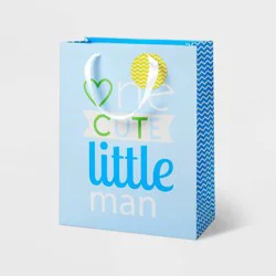 Medium 'One Cute Little Man' Baby Shower Gift Bag with Tag Blue - Spritz™: Baby Boy Gift Bag, Typography Pattern, 12.75" Height