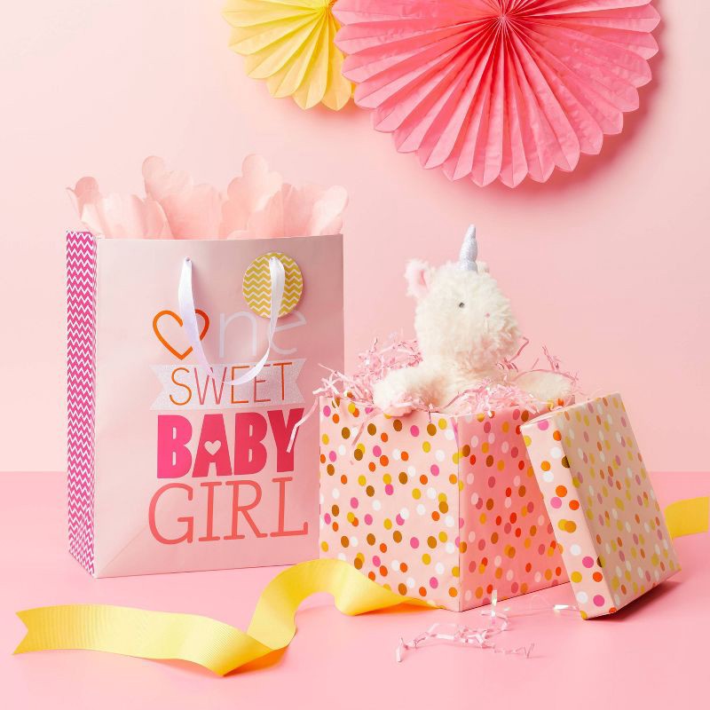 slide 2 of 3, Medium 'One Sweet Baby Girl' Baby Shower Gift Bag with Tag Pink - Spritz™: Typography, Paper, 12.75" Height, 10" Width, 1 ct