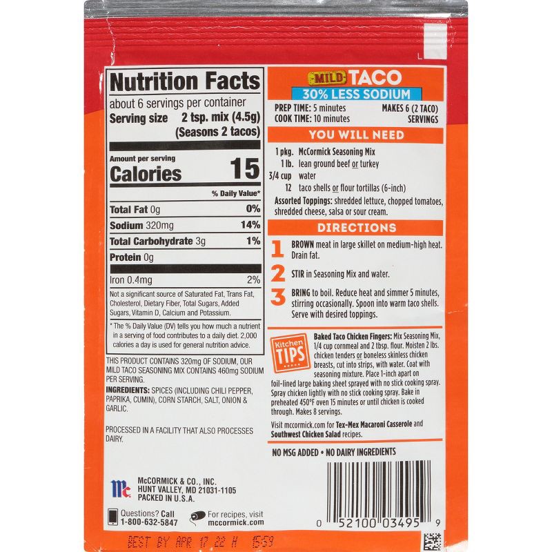 slide 3 of 6, McCormick 30% Less Sodium Mild Taco Seasoning Mix - 1oz, 1 oz