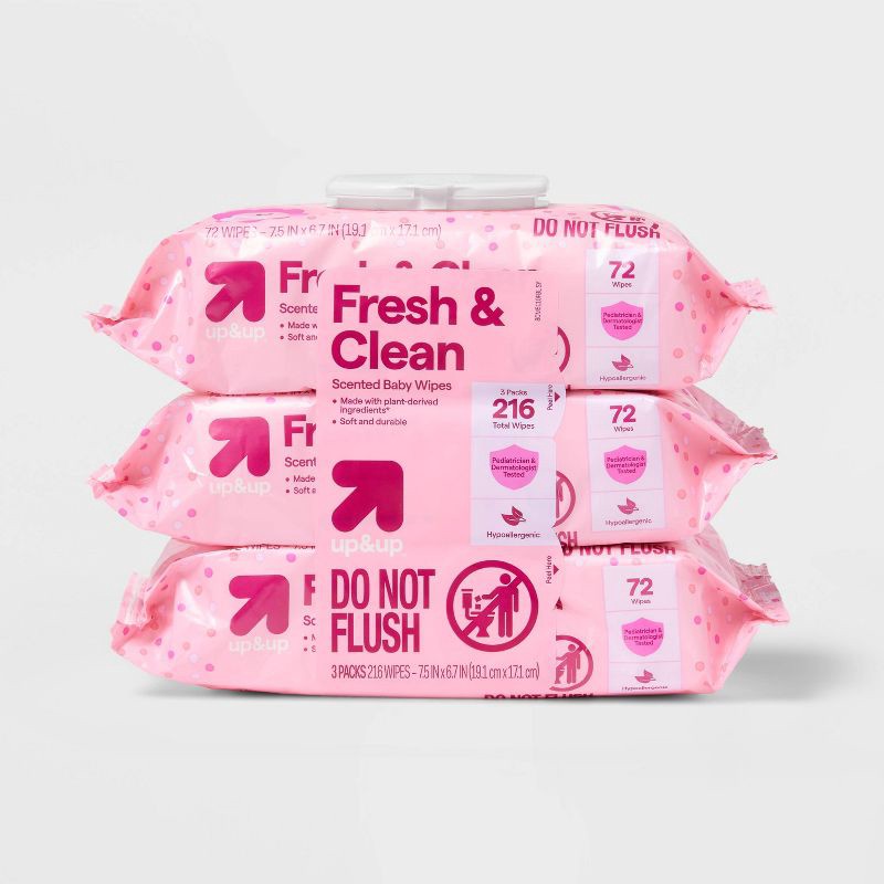 slide 1 of 7, Fresh & Clean Scented Baby Wipes - 3pk/216ct - up&up™, 3 ct, 216 ct