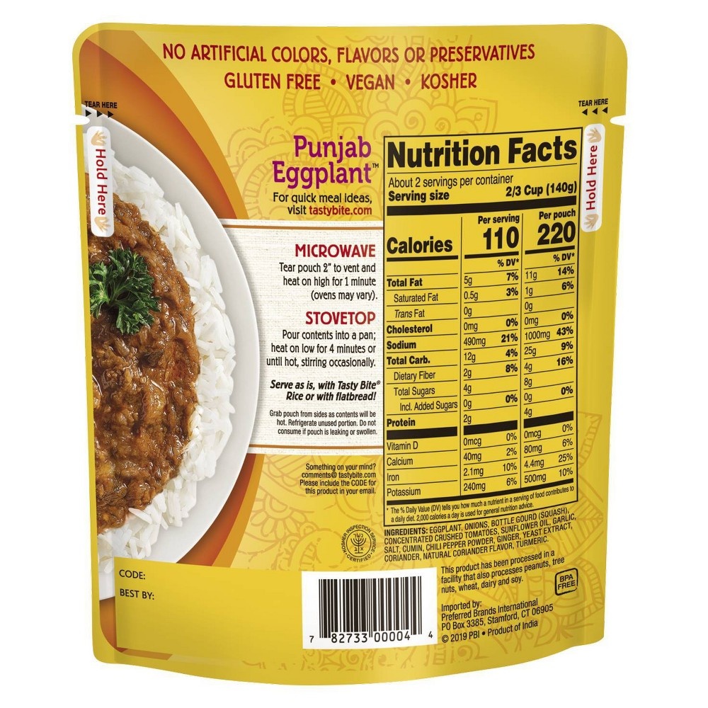 slide 2 of 3, Tasty Bite Gluten Free and Vegan 1 Step Punjab Eggplant Indian Cuisine, 10 oz