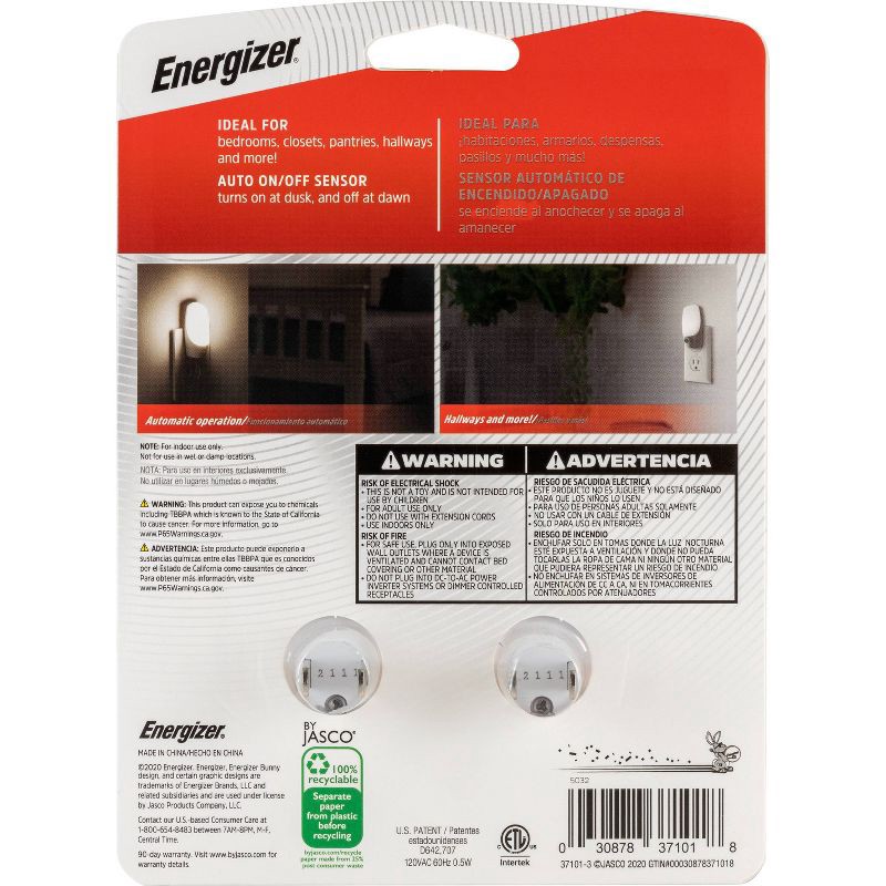 slide 4 of 20, Energizer 2pk LED Automatic Plug In Nightlights: Wall Plug Night Light for Bathroom, ETL Listed, 30,000 Hour Bulb Life, 2 ct