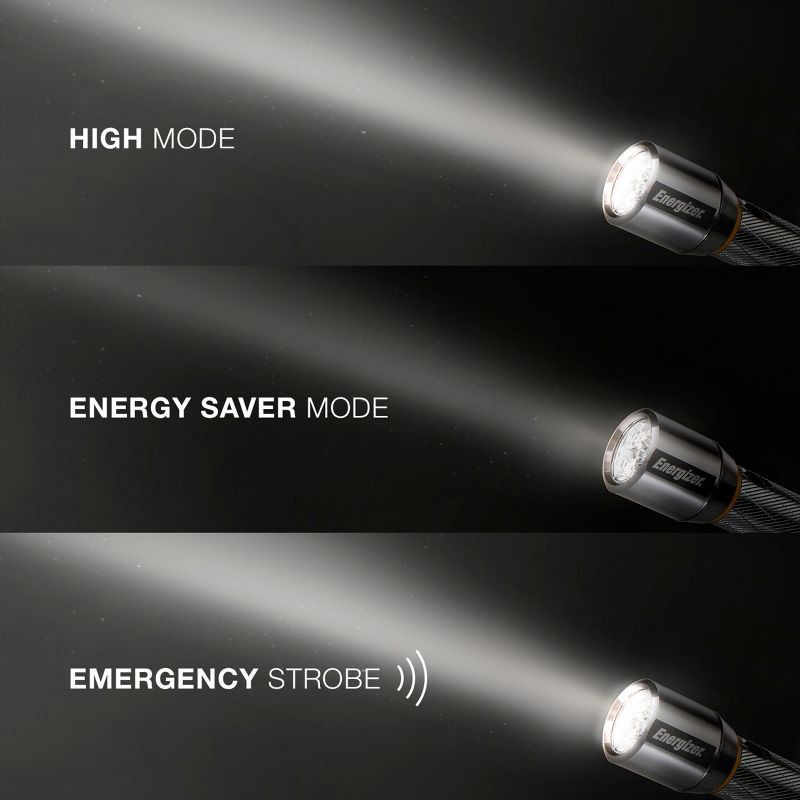 slide 4 of 8, Energizer 2AA Vision LED HD Metal FlashLight: 400 Lumens, Water & Impact-Resistant, 5 Modes, Silver, Includes Batteries, 1 ct