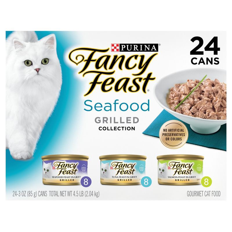 slide 2 of 11, Purina Fancy Feast Variety Pack Fish, Seafood, Tuna and Salmon Flavor Gravy Wet Cat Food Cans - 3oz/24ct, 24 ct; 3 oz