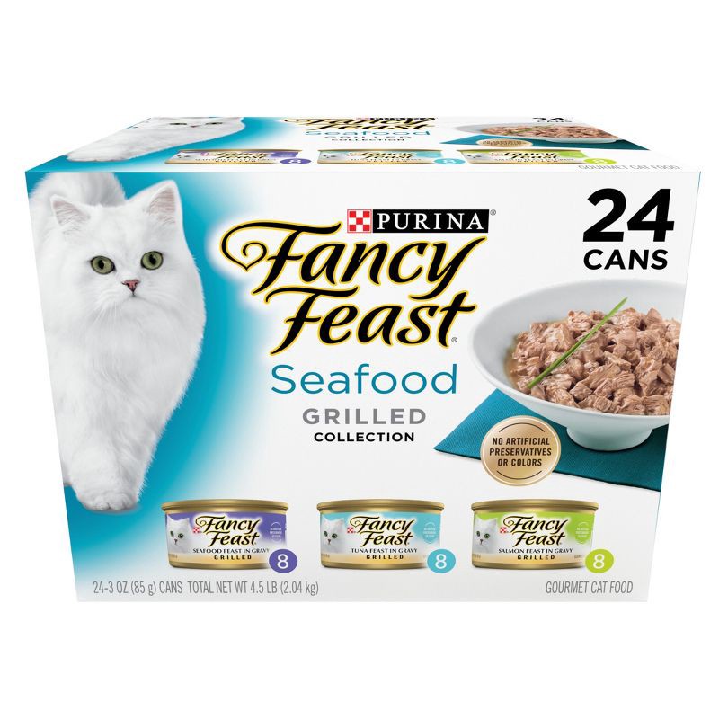 slide 1 of 11, Purina Fancy Feast Variety Pack Fish, Seafood, Tuna and Salmon Flavor Gravy Wet Cat Food Cans - 3oz/24ct, 24 ct; 3 oz