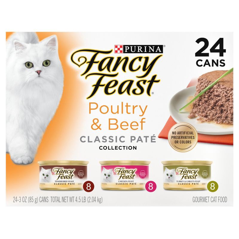 slide 2 of 10, Purina Fancy Feast Classic Paté Variety Pack Chicken, Turkey & Beef Flavor Wet Cat Food Cans - 3oz/24ct, 24 ct; 3 oz