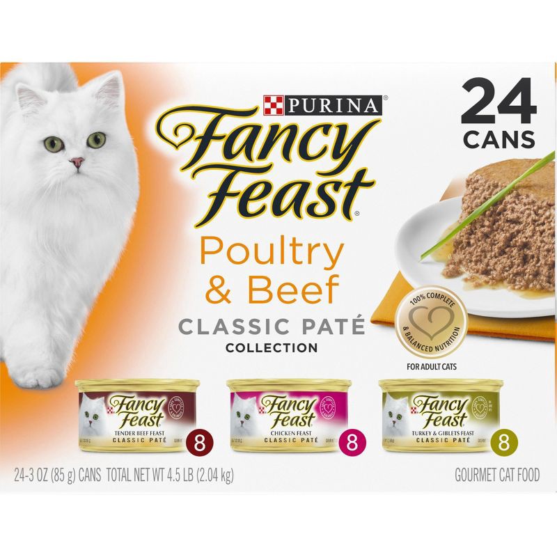 slide 3 of 6, Purina Fancy Feast Classic Paté Variety Pack Chicken, Turkey & Beef Flavor Wet Cat Food Cans - 3oz/24ct, 24 ct; 3 oz