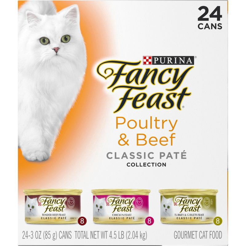 slide 4 of 6, Purina Fancy Feast Classic Paté Variety Pack Chicken, Turkey & Beef Flavor Wet Cat Food Cans - 3oz/24ct, 24 ct; 3 oz