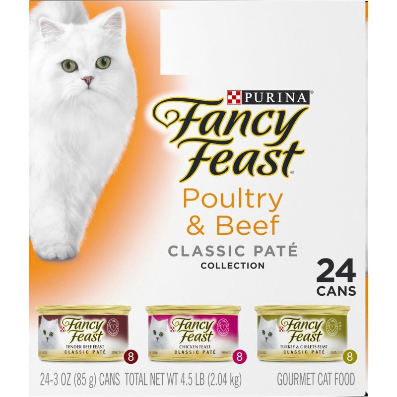 slide 5 of 6, Purina Fancy Feast Classic Paté Variety Pack Chicken, Turkey & Beef Flavor Wet Cat Food Cans - 3oz/24ct, 24 ct; 3 oz