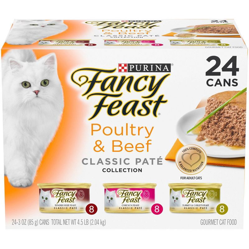 slide 1 of 6, Purina Fancy Feast Classic Paté Variety Pack Chicken, Turkey & Beef Flavor Wet Cat Food Cans - 3oz/24ct, 24 ct; 3 oz