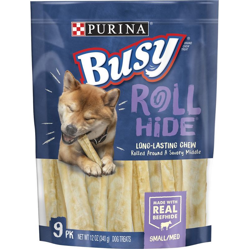 slide 1 of 12, Purina Busy Rawhide Chewy Beef Flavored Bones Rollhide Dog Treats Pouch - S/M - 9ct, 9 ct
