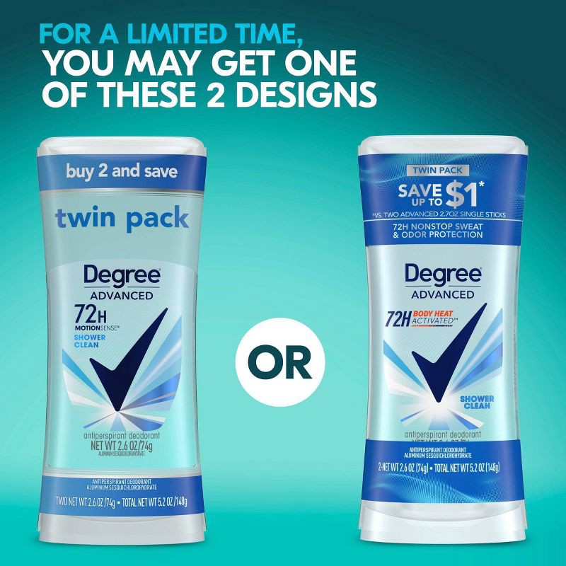 slide 4 of 9, Degree Advanced Montionsense Shower Clean 72-Hour Antiperspirant & Deodorant - 2.6oz/2pk, 2 ct; 2.6 oz