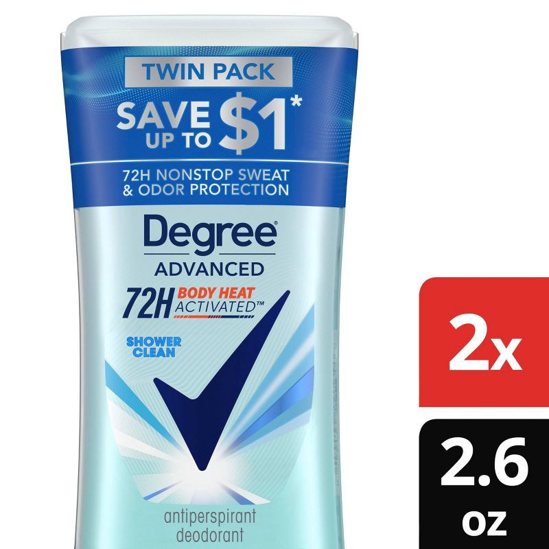 slide 1 of 9, Degree Advanced Montionsense Shower Clean 72-Hour Antiperspirant & Deodorant - 2.6oz/2pk, 2 ct; 2.6 oz