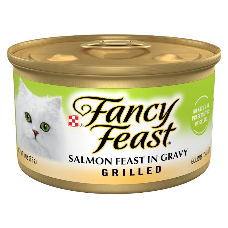 slide 1 of 10, Purina Fancy Feast Grilled Gourmet Wet Cat Food Salmon, Fish, Seafood Feast In Gravy - 3oz, 3 oz