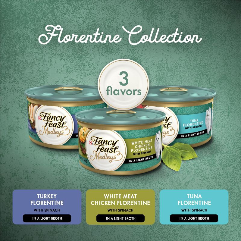 slide 3 of 11, Purina Fancy Feast Medleys Gourmet withTuna,Chicken and Turkey in a Delicate Sauce Florentine Collection Wet Cat Food - 3oz/12ct Variety Pack, 12 ct; 3 oz
