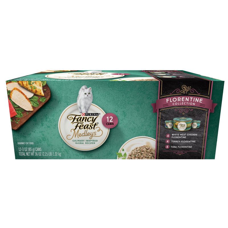slide 1 of 11, Purina Fancy Feast Medleys Gourmet withTuna,Chicken and Turkey in a Delicate Sauce Florentine Collection Wet Cat Food - 3oz/12ct Variety Pack, 12 ct; 3 oz