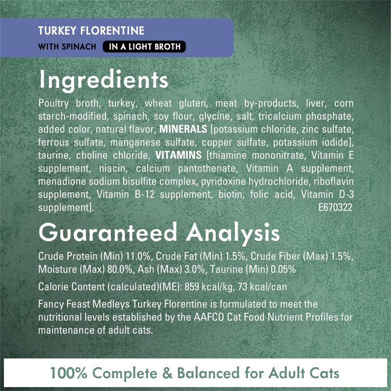 slide 8 of 11, Purina Fancy Feast Medleys Gourmet withTuna,Chicken and Turkey in a Delicate Sauce Florentine Collection Wet Cat Food - 3oz/12ct Variety Pack, 12 ct; 3 oz