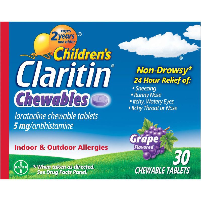slide 1 of 7, Children's Claritin Loratadine Allergy Relief 24 Hour Non-Drowsy Grape Chewable Tablets - 30ct, 30 ct