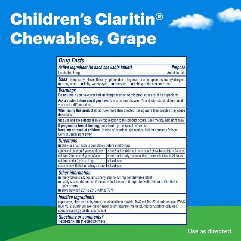 slide 9 of 9, Children's Claritin Loratadine Allergy Relief 24 Hour Non-Drowsy Grape Chewable Tablets - 30ct, 30 ct